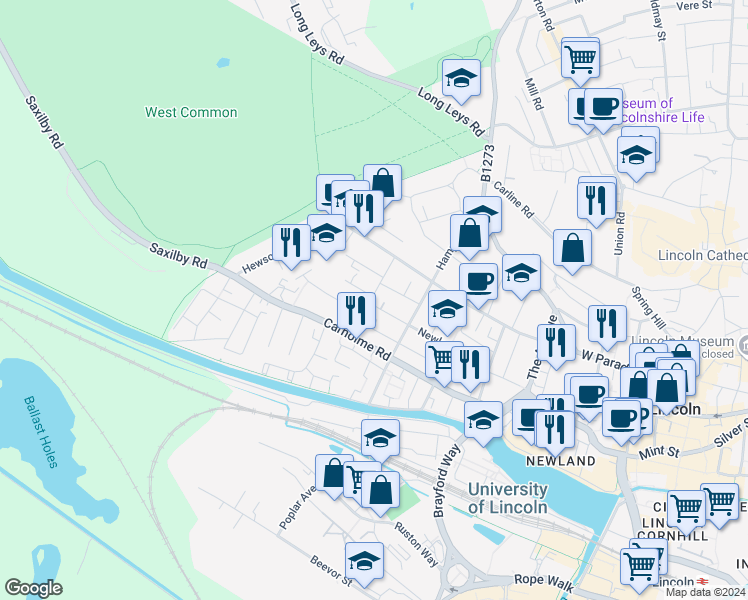 map of restaurants, bars, coffee shops, grocery stores, and more near 131 Newland Street West in Lincolnshire