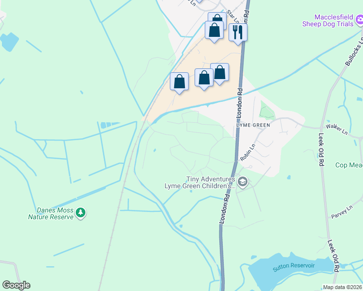 map of restaurants, bars, coffee shops, grocery stores, and more near Gaw End Lane in Cheshire East