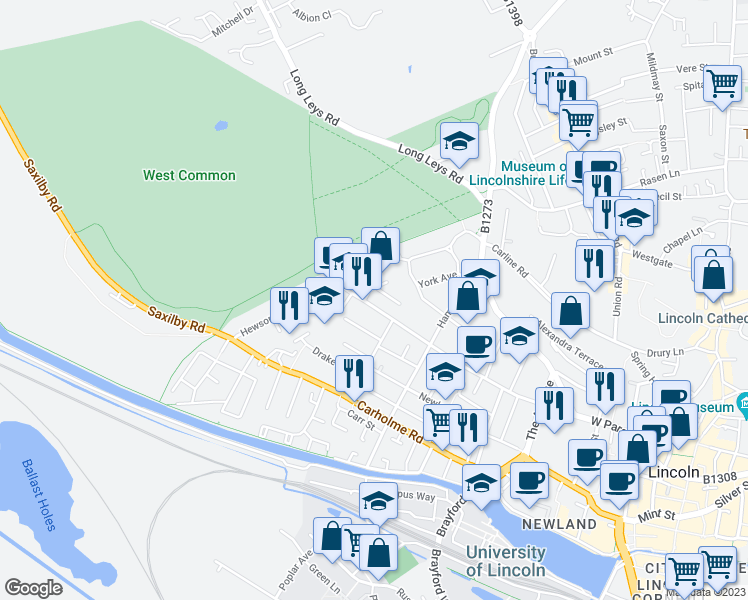 map of restaurants, bars, coffee shops, grocery stores, and more near 258 West Parade in Lincolnshire