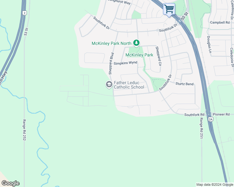 map of restaurants, bars, coffee shops, grocery stores, and more near 184 Southfork Drive in Leduc