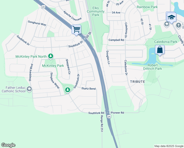 map of restaurants, bars, coffee shops, grocery stores, and more near 350 Simmonds Way in Leduc
