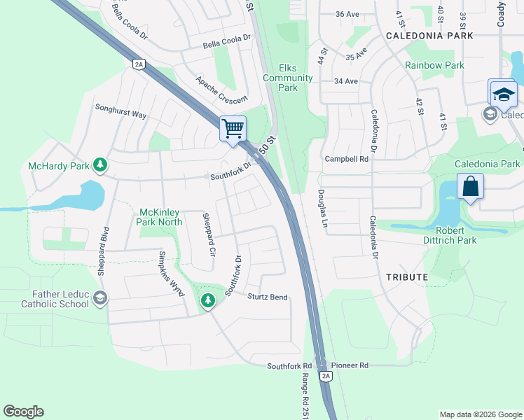 map of restaurants, bars, coffee shops, grocery stores, and more near 401 Southfork Drive in Leduc