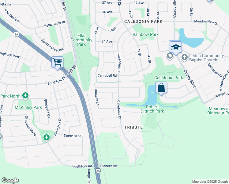 map of restaurants, bars, coffee shops, grocery stores, and more near 1 Douglas Lane in Leduc
