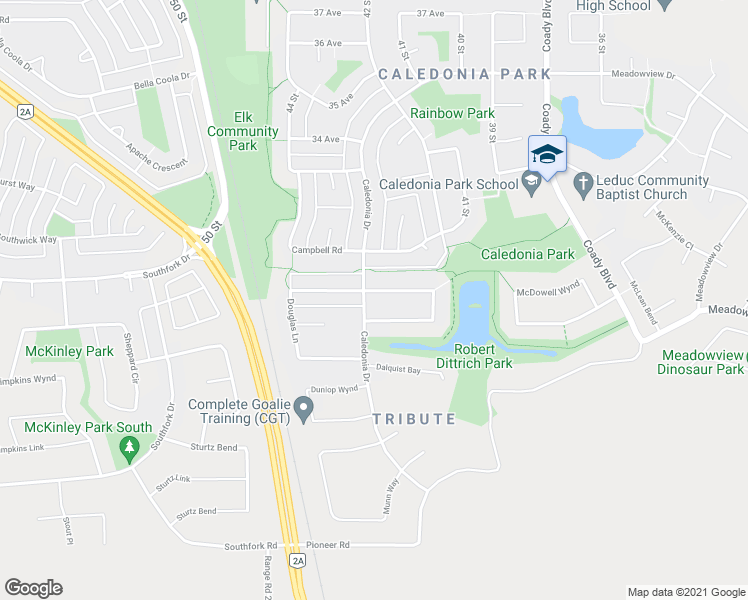 map of restaurants, bars, coffee shops, grocery stores, and more near 1 Douglas Lane in Leduc