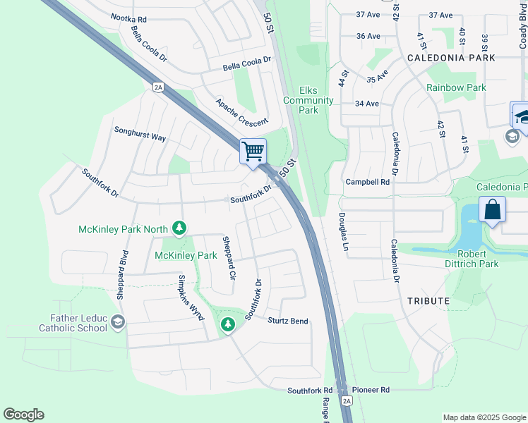map of restaurants, bars, coffee shops, grocery stores, and more near 401 Southfork Drive in Leduc