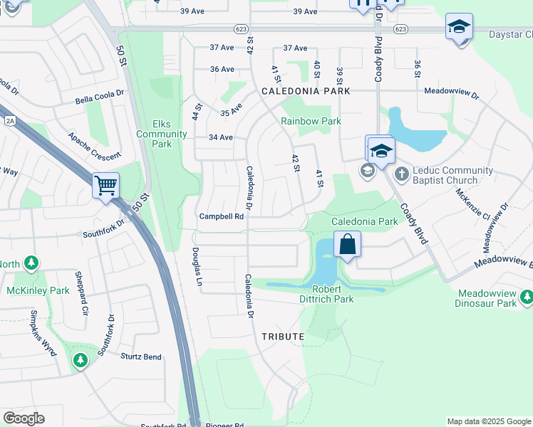 map of restaurants, bars, coffee shops, grocery stores, and more near 1 Campbell Court in Leduc