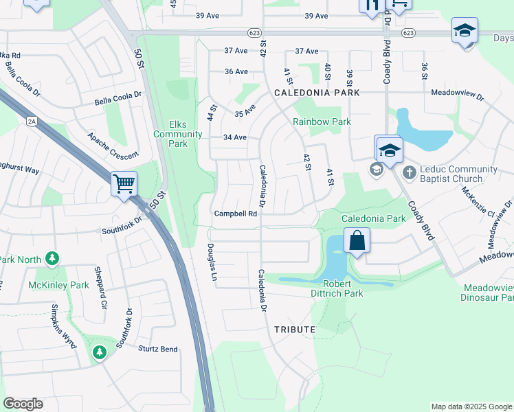 map of restaurants, bars, coffee shops, grocery stores, and more near 98 Caledonia Drive in Leduc