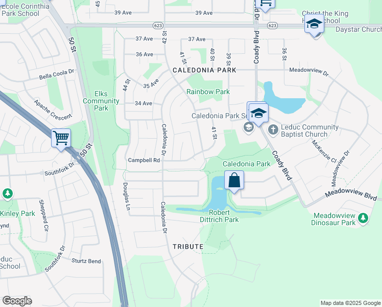 map of restaurants, bars, coffee shops, grocery stores, and more near 129 Campbell Road in Leduc