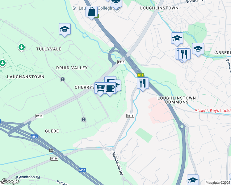 map of restaurants, bars, coffee shops, grocery stores, and more near 2 Páirc Choill Na Silíní in Baile Átha Cliath