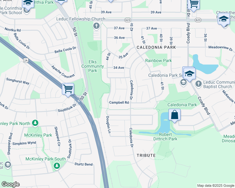 map of restaurants, bars, coffee shops, grocery stores, and more near 8 Craigen Court in Leduc