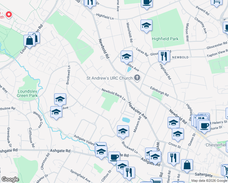 map of restaurants, bars, coffee shops, grocery stores, and more near Newbold Back Lane in Derbyshire