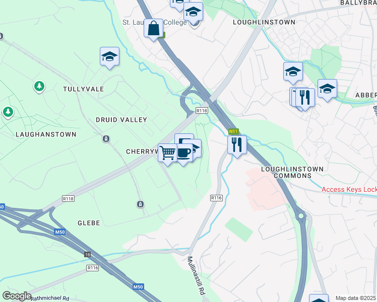 map of restaurants, bars, coffee shops, grocery stores, and more near 2 Páirc Choill Na Silíní in Baile Átha Cliath