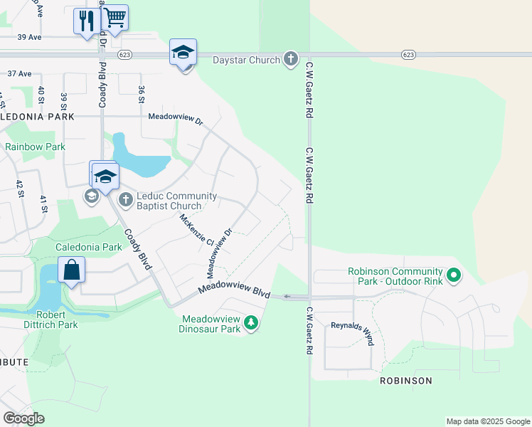 map of restaurants, bars, coffee shops, grocery stores, and more near 5 McKay Close in Leduc