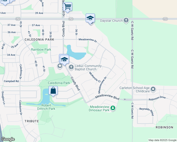 map of restaurants, bars, coffee shops, grocery stores, and more near 92 McKenzie Close in Leduc
