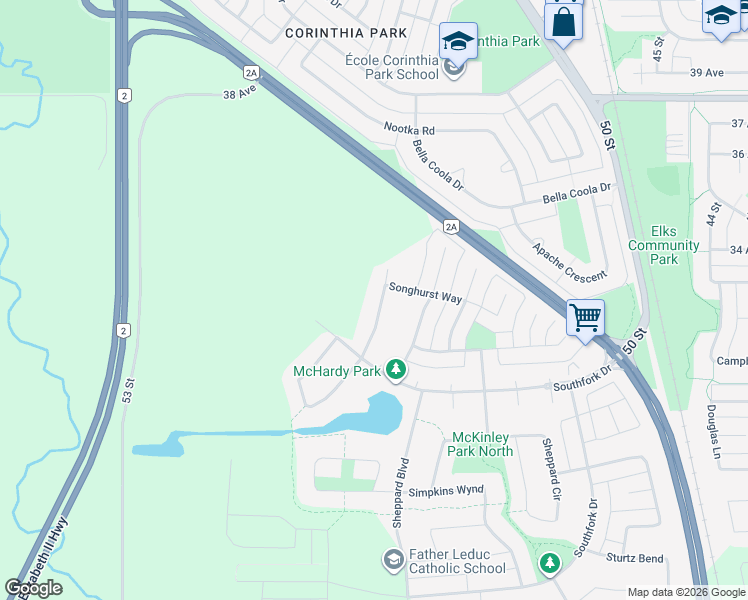 map of restaurants, bars, coffee shops, grocery stores, and more near 766 Southfork Boulevard in Leduc