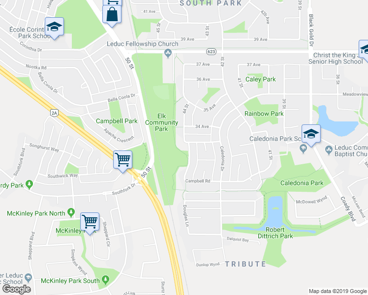 map of restaurants, bars, coffee shops, grocery stores, and more near 3302 44 Street in Leduc