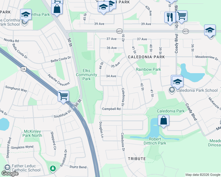 map of restaurants, bars, coffee shops, grocery stores, and more near 13 Carroll Court in Leduc