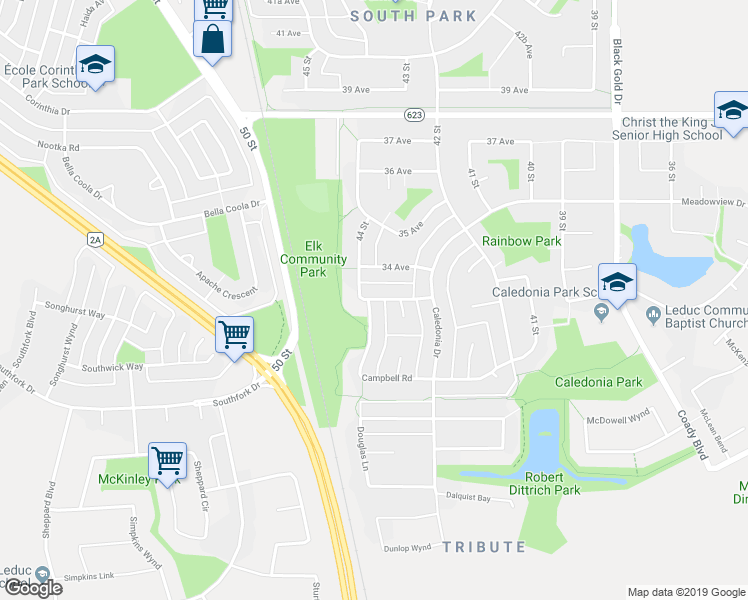 map of restaurants, bars, coffee shops, grocery stores, and more near 1 Campbell Road in Leduc