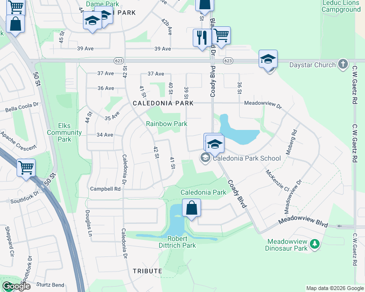 map of restaurants, bars, coffee shops, grocery stores, and more near 3815 33 Avenue in Leduc