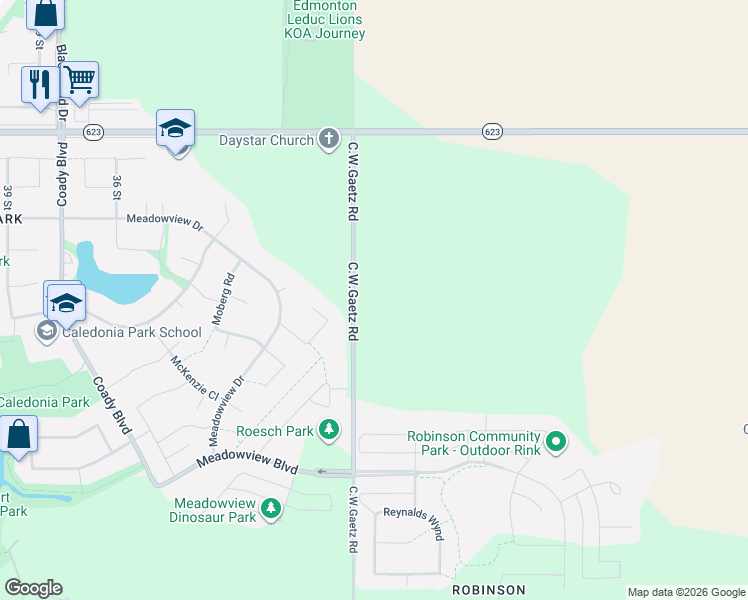 map of restaurants, bars, coffee shops, grocery stores, and more near 34 McKay Close in Leduc