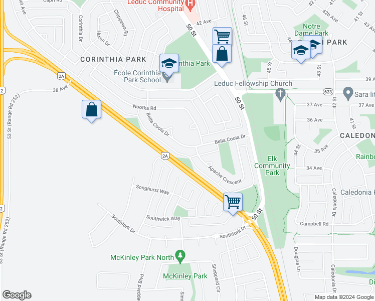 map of restaurants, bars, coffee shops, grocery stores, and more near 51 Bella Coola Drive in Leduc