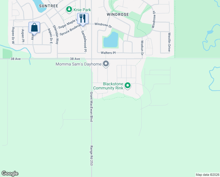 map of restaurants, bars, coffee shops, grocery stores, and more near 593 Boulder Wynd in Leduc
