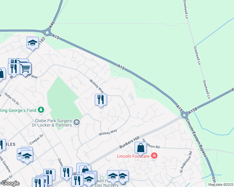 map of restaurants, bars, coffee shops, grocery stores, and more near Wolsey Way in Lincolnshire