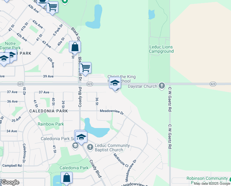 map of restaurants, bars, coffee shops, grocery stores, and more near 3511 Rollyview Road in Leduc