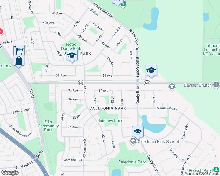 map of restaurants, bars, coffee shops, grocery stores, and more near 4006 37 Avenue in Leduc