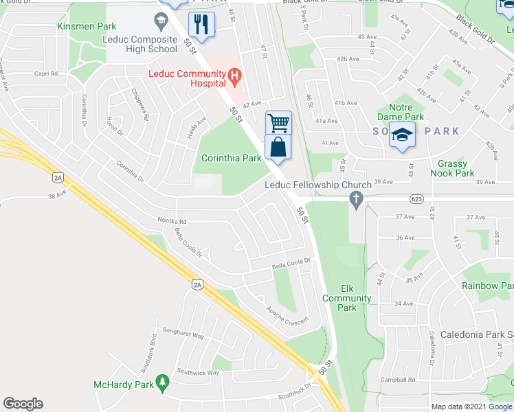 map of restaurants, bars, coffee shops, grocery stores, and more near 75 Mohawk Crescent in Leduc