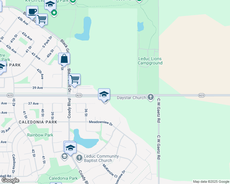 map of restaurants, bars, coffee shops, grocery stores, and more near 3410 Rollyview Road in Leduc