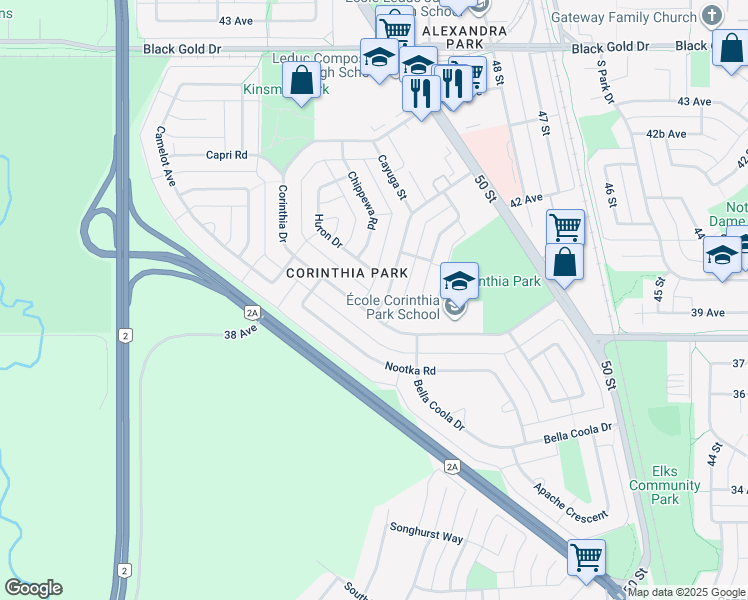 map of restaurants, bars, coffee shops, grocery stores, and more near 105 Corinthia Drive in Leduc