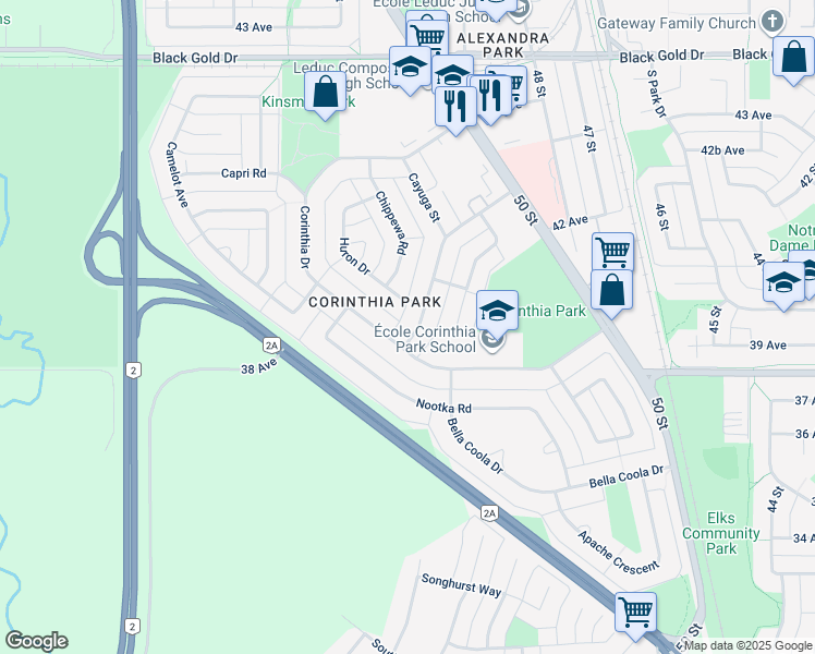 map of restaurants, bars, coffee shops, grocery stores, and more near 3 Athapaskan Drive in Leduc