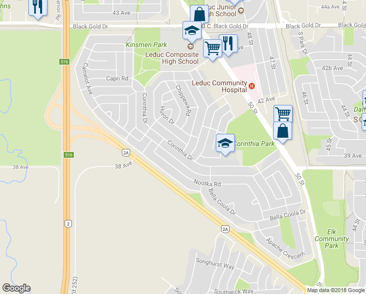 map of restaurants, bars, coffee shops, grocery stores, and more near 105 Corinthia Drive in Leduc