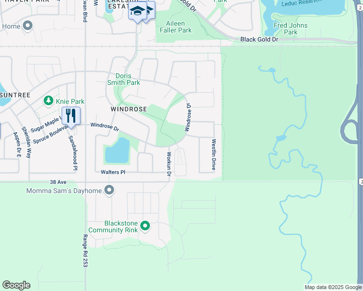map of restaurants, bars, coffee shops, grocery stores, and more near 61 Windrose Drive in Leduc