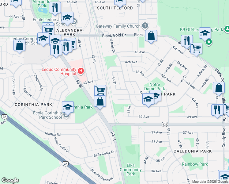 map of restaurants, bars, coffee shops, grocery stores, and more near 4516 41 Avenue in Leduc