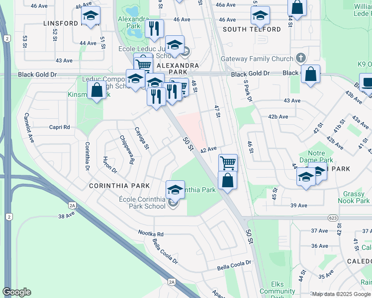 map of restaurants, bars, coffee shops, grocery stores, and more near 4218 50 Street in Leduc