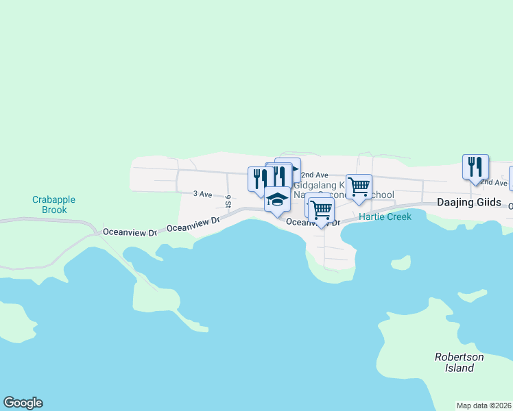 map of restaurants, bars, coffee shops, grocery stores, and more near 811 Oceanview Drive in Daajing Giids