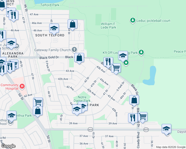 map of restaurants, bars, coffee shops, grocery stores, and more near 4305 42 Street in Leduc