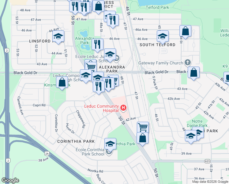 map of restaurants, bars, coffee shops, grocery stores, and more near 4809 43A Avenue in Leduc