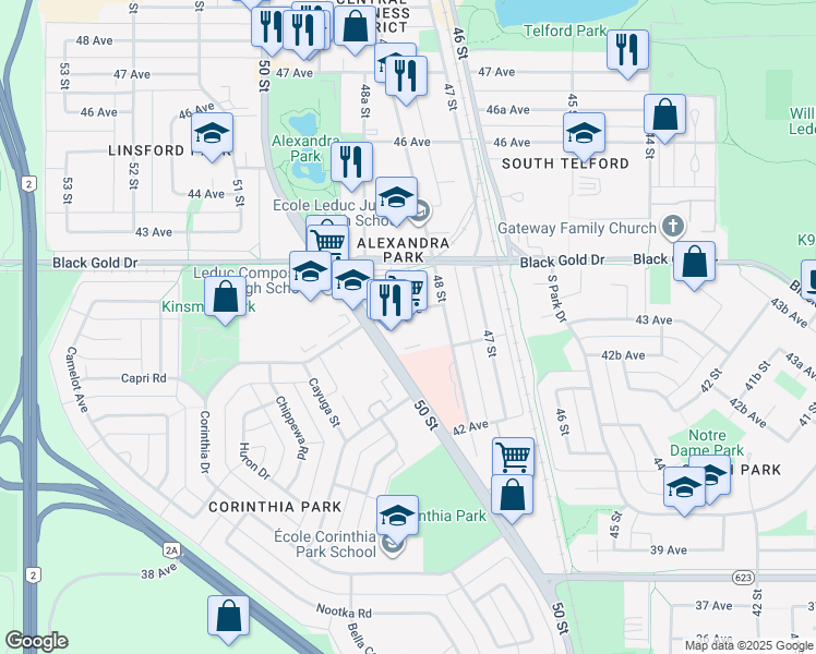 map of restaurants, bars, coffee shops, grocery stores, and more near 4809 43A Avenue in Leduc
