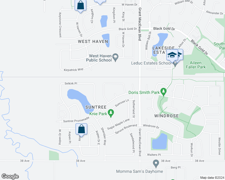 map of restaurants, bars, coffee shops, grocery stores, and more near 7 Snowhills Court in Leduc