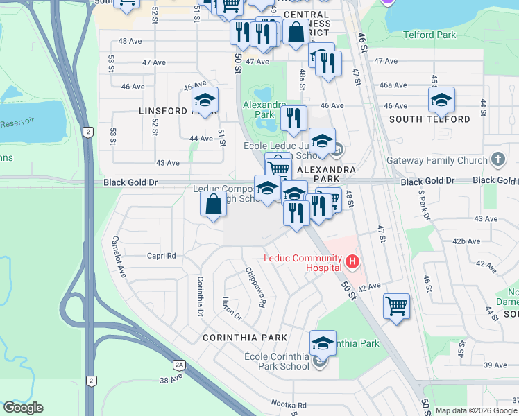 map of restaurants, bars, coffee shops, grocery stores, and more near 4308 50 Street in Leduc