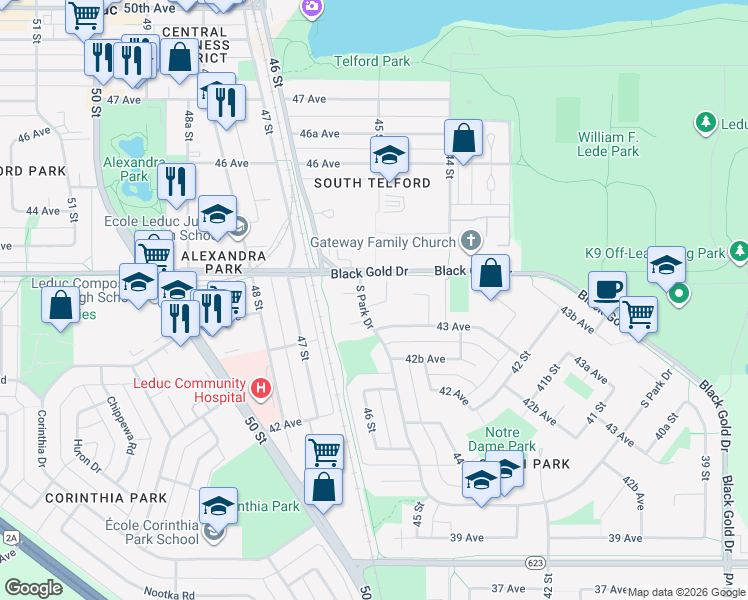 map of restaurants, bars, coffee shops, grocery stores, and more near 4415 South Park Drive in Leduc