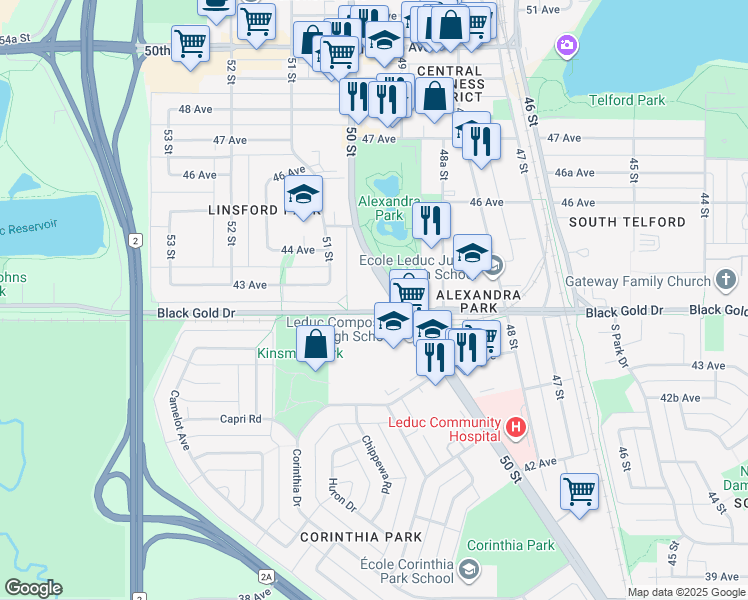 map of restaurants, bars, coffee shops, grocery stores, and more near 5002 Black Gold Drive in Leduc