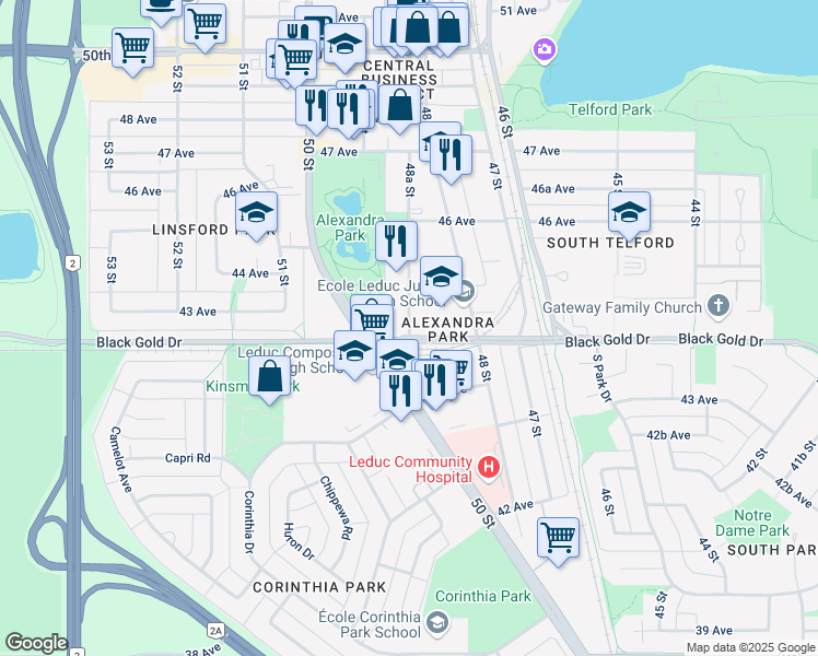 map of restaurants, bars, coffee shops, grocery stores, and more near 4404 48A Street in Leduc