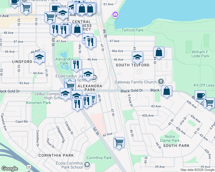 map of restaurants, bars, coffee shops, grocery stores, and more near 4434 B 47 Street in Leduc