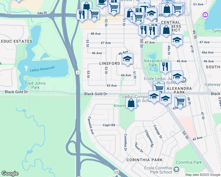 map of restaurants, bars, coffee shops, grocery stores, and more near 4301 52 Street in Leduc