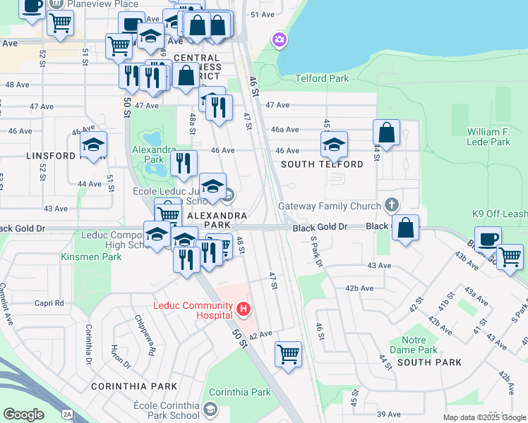 map of restaurants, bars, coffee shops, grocery stores, and more near 4434 B 47 Street in Leduc