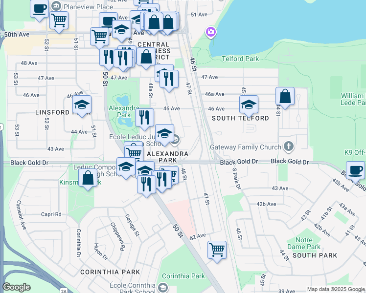 map of restaurants, bars, coffee shops, grocery stores, and more near 4415 48 Street in Leduc